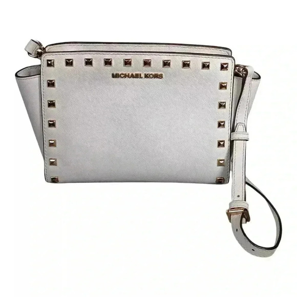 Michael Kors Selma Studded Shoulder Crossbody White Leather Gold Small - Picture 1 of 10